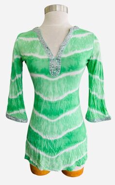 INC INTERNATIONAL CONCEPTS Sz Small Green Stripe Embellished V-Neck Pullover Top